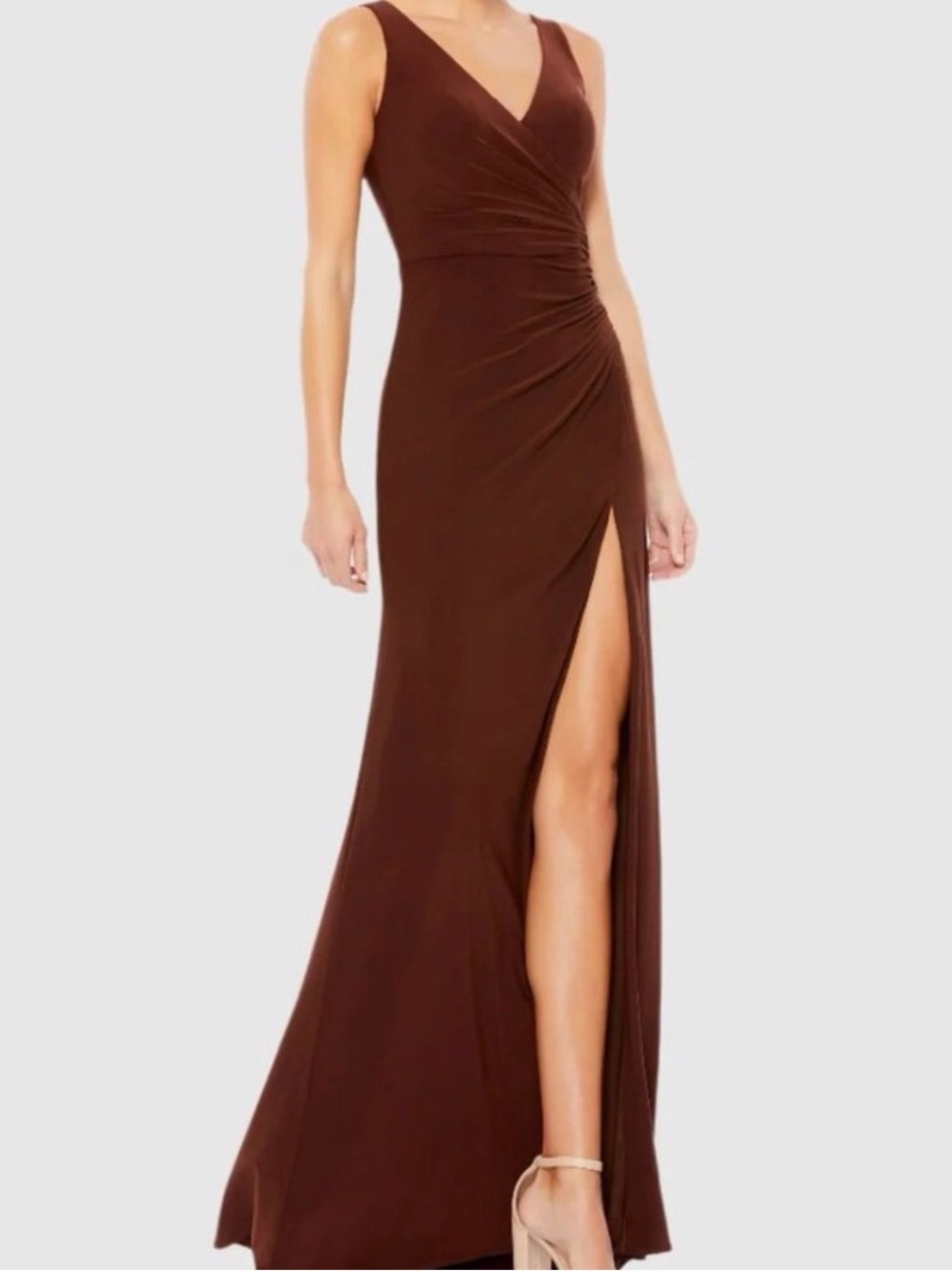MacDuggal Sleeveless V‑Neck Chocolate Brown Formal Dress with Side Thigh Slit